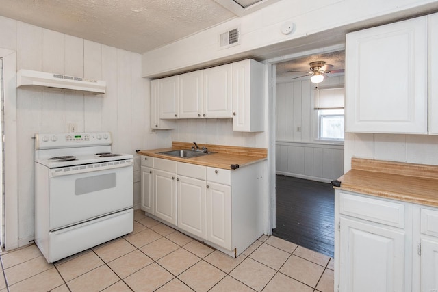 kitchen featuring white electric stove, a sink, white cabinetry, and under cabinet range hood