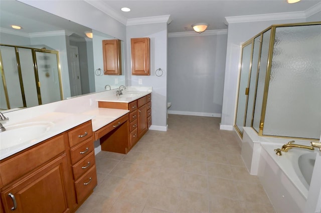 full bathroom featuring ornamental molding, vanity, independent shower and bath, tile patterned flooring, and toilet