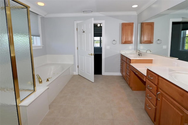 bathroom with tile patterned flooring, vanity, and ornamental molding