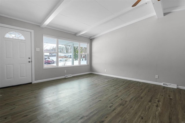 entryway featuring lofted ceiling with beams, dark hardwood / wood-style floors, a wealth of natural light, and ceiling fan