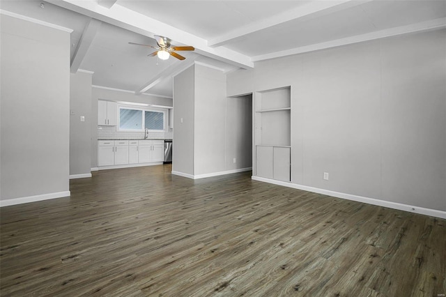 unfurnished living room featuring vaulted ceiling with beams, ceiling fan, dark hardwood / wood-style flooring, and sink