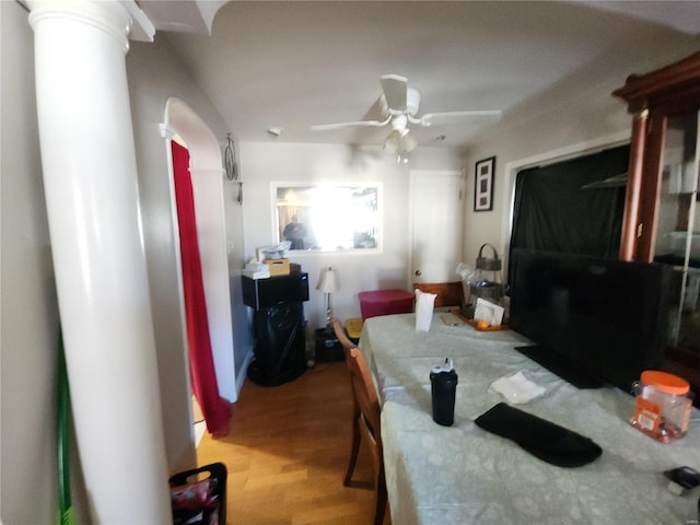 dining room featuring ceiling fan and wood finished floors