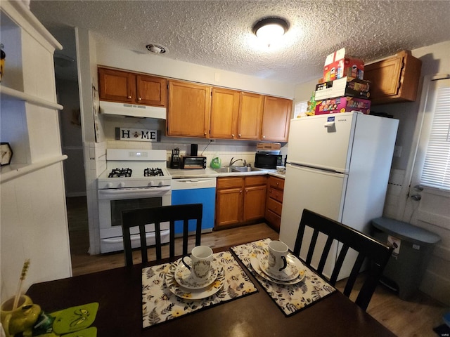 kitchen with wood-type flooring, sink, a textured ceiling, and white appliances