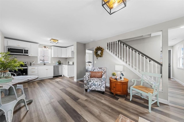 living room with wood-type flooring and sink