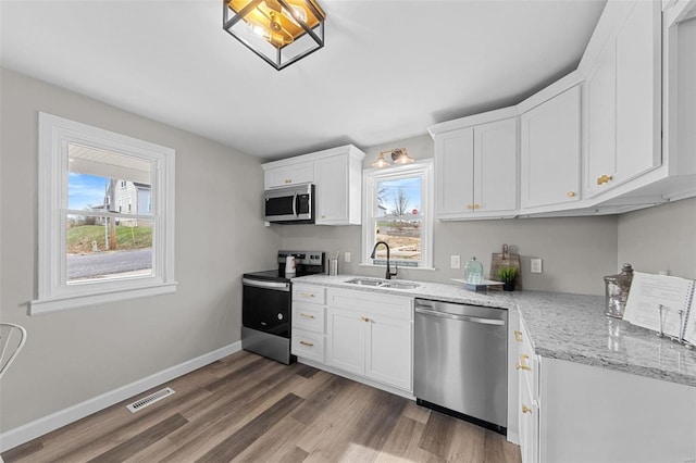 kitchen featuring hardwood / wood-style floors, a healthy amount of sunlight, sink, and appliances with stainless steel finishes