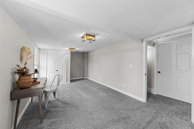 interior space featuring carpet flooring and a textured ceiling