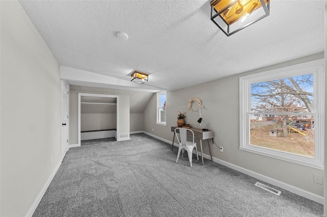 additional living space with carpet, lofted ceiling, and a textured ceiling