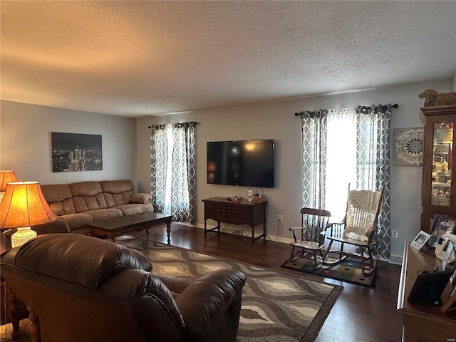 living room featuring a textured ceiling and dark hardwood / wood-style flooring