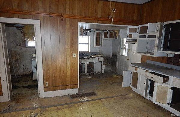 kitchen featuring wooden walls