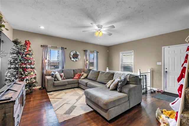 living room with ceiling fan, dark hardwood / wood-style flooring, and a textured ceiling