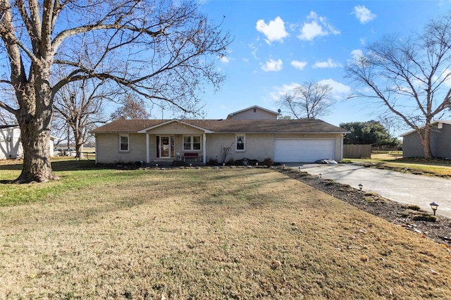 ranch-style house with a front yard and a garage