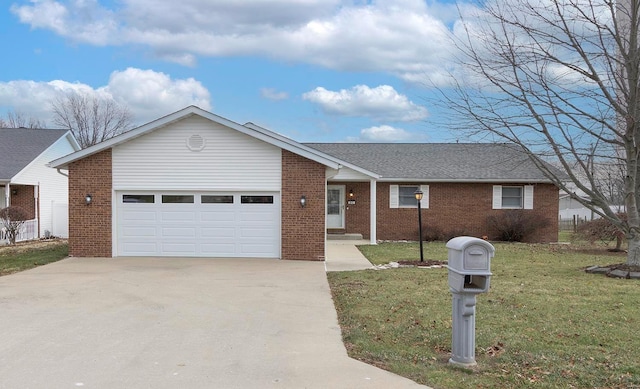 ranch-style home with a garage and a front lawn