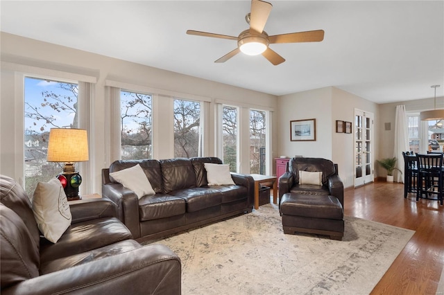 living room with dark hardwood / wood-style flooring and ceiling fan