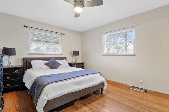 bedroom with hardwood / wood-style flooring and ceiling fan