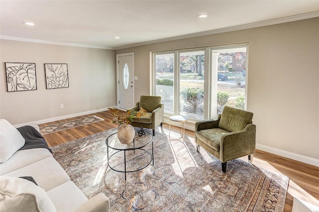 living room featuring wood-type flooring and crown molding