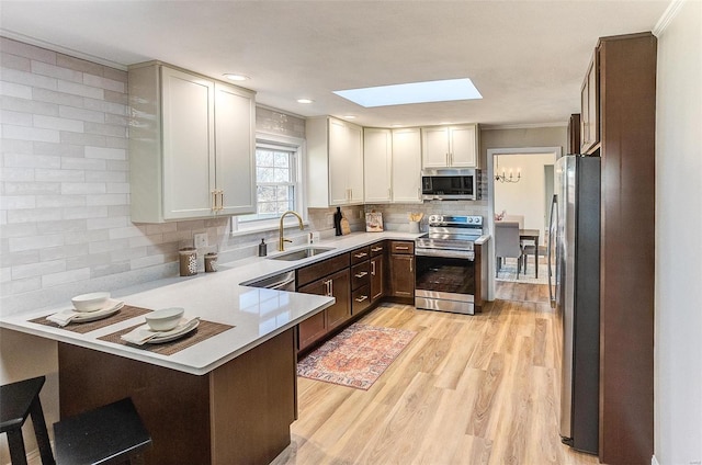 kitchen with appliances with stainless steel finishes, a skylight, crown molding, sink, and light hardwood / wood-style flooring