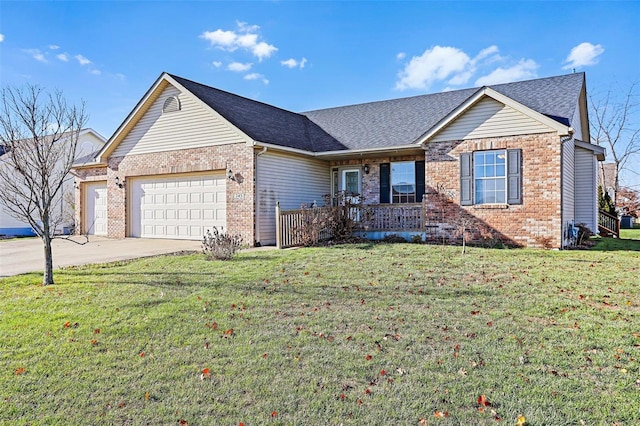 ranch-style house with a porch, a garage, and a front yard