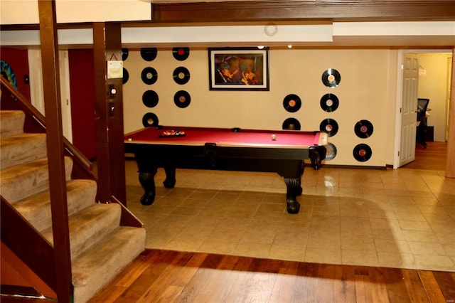 rec room with hardwood / wood-style floors and pool table