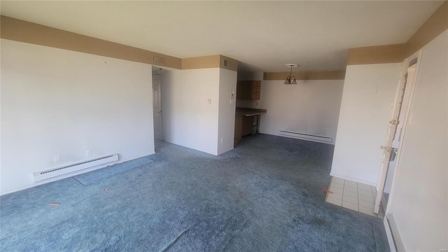 unfurnished room featuring a baseboard radiator and dark colored carpet