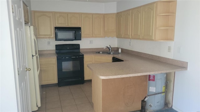 kitchen with black appliances, sink, light brown cabinetry, light tile patterned flooring, and kitchen peninsula