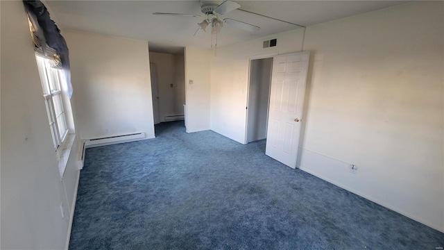 unfurnished bedroom with baseboard heating, carpet flooring, ceiling fan, and visible vents