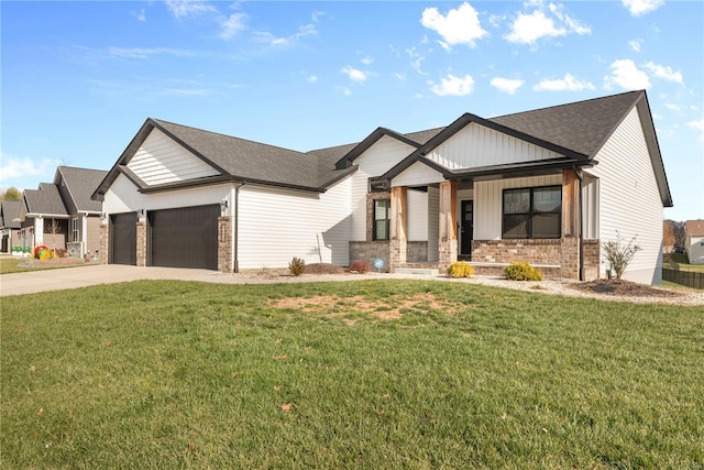 craftsman inspired home with a porch, a garage, and a front yard