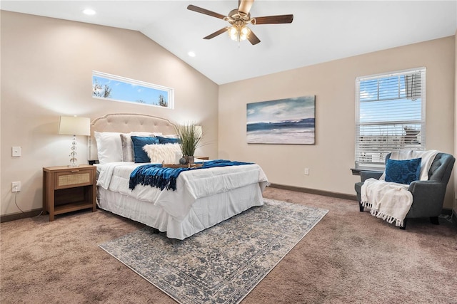 bedroom featuring carpet, ceiling fan, and lofted ceiling