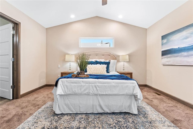 carpeted bedroom featuring ceiling fan and lofted ceiling