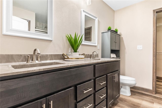 bathroom with wood-type flooring, vanity, and toilet