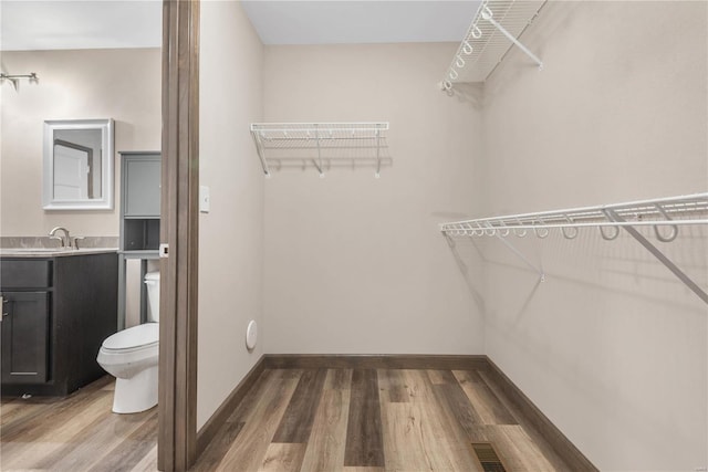 interior space with dark hardwood / wood-style flooring and sink