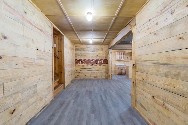 interior space featuring hardwood / wood-style floors and wood walls