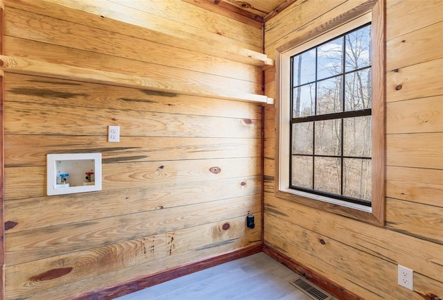 laundry area with washer hookup, wood walls, hardwood / wood-style flooring, and hookup for an electric dryer