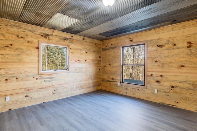 empty room featuring wood walls, plenty of natural light, and dark hardwood / wood-style floors