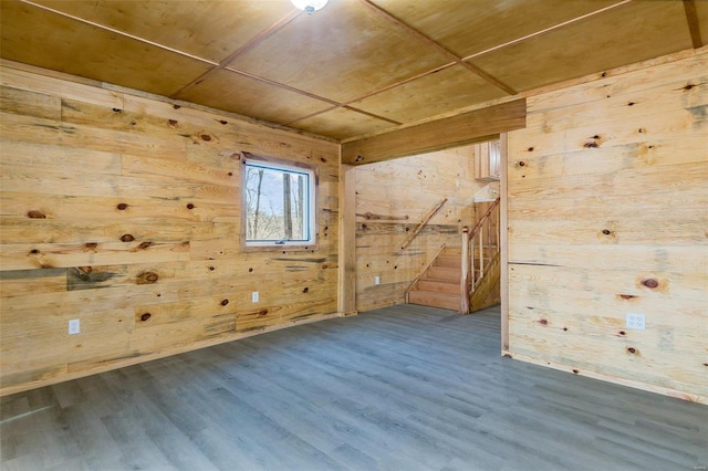 empty room featuring wood walls, hardwood / wood-style floors, and wooden ceiling