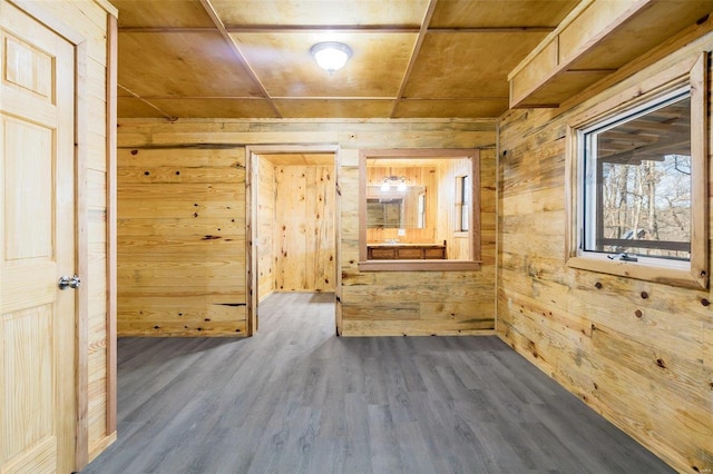 interior space with wood ceiling, wooden walls, and wood-type flooring