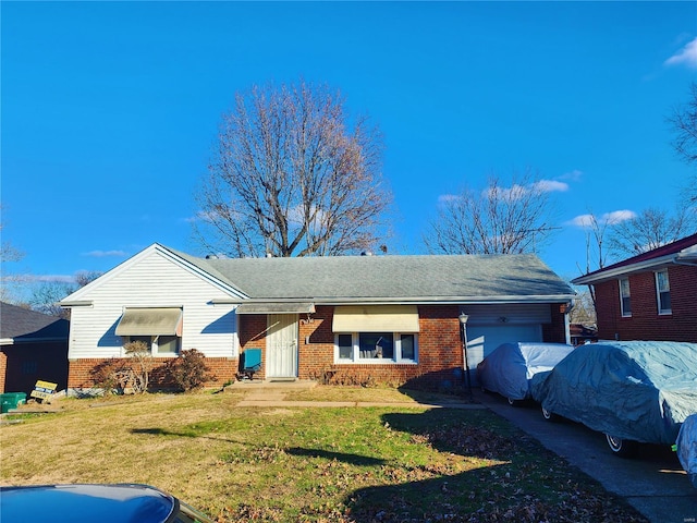 single story home with a garage, brick siding, and a front lawn