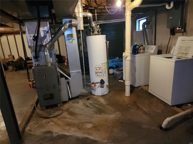 below grade area with gas water heater, electric panel, washing machine and clothes dryer, and heating unit