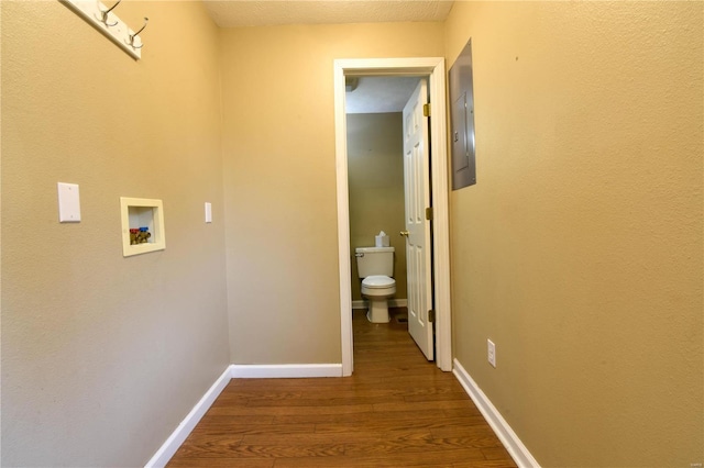 hallway featuring hardwood / wood-style flooring, a textured ceiling, and electric panel