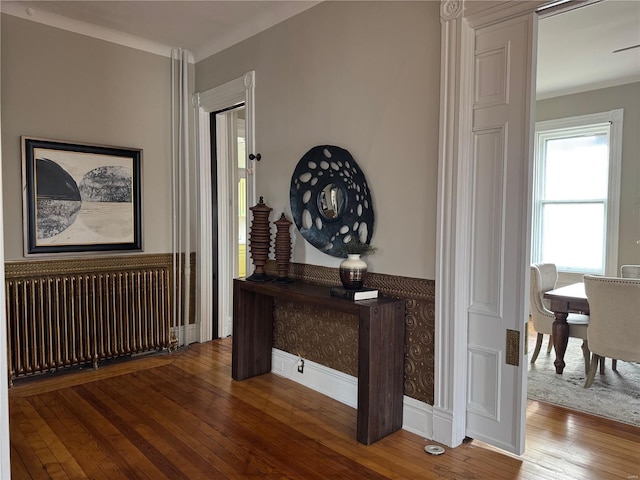 hall with hardwood / wood-style flooring and radiator