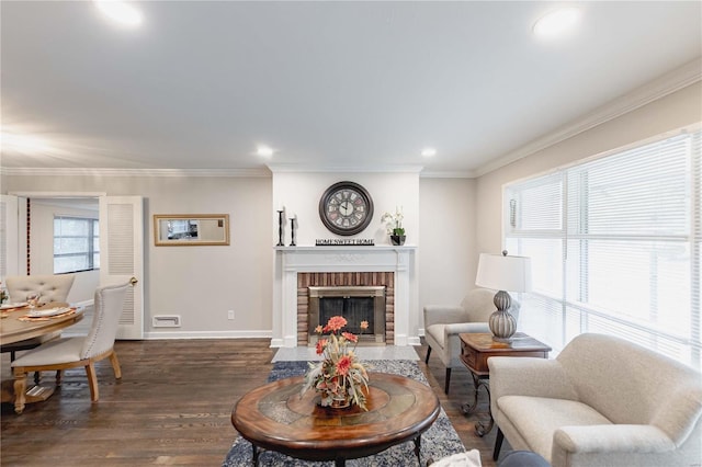 living room featuring a fireplace, dark wood-type flooring, and ornamental molding