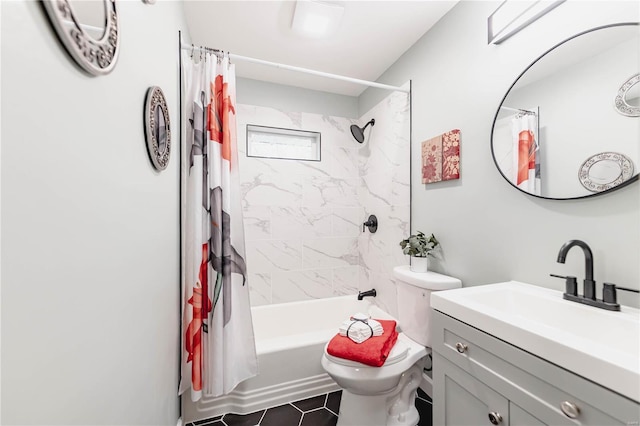 full bathroom with vanity, toilet, and shower / bath combo with shower curtain