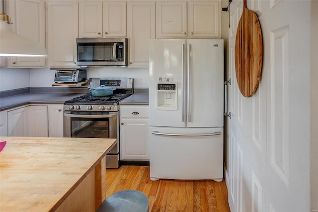 kitchen featuring white cabinets, wood counters, stainless steel appliances, and light hardwood / wood-style flooring