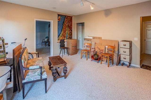 sitting room with carpet and track lighting