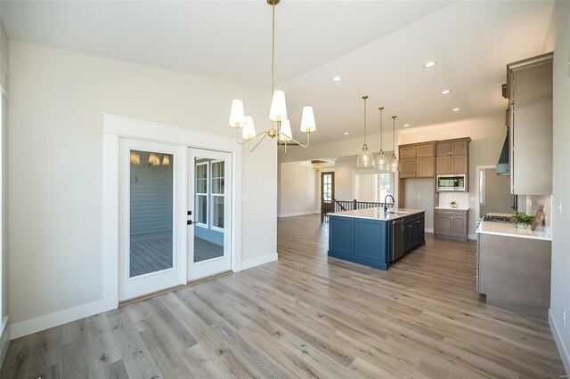 kitchen with backsplash, sink, decorative light fixtures, a center island with sink, and stainless steel microwave