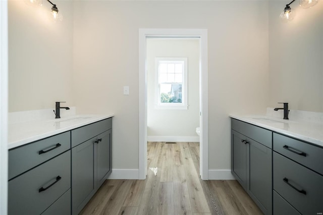 bathroom with wood-type flooring, vanity, and toilet