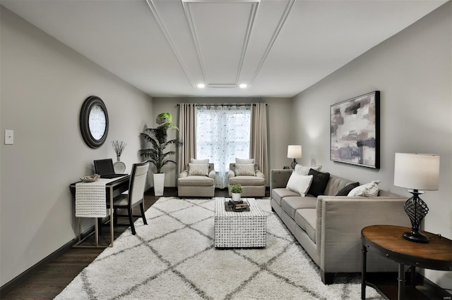 living room with dark wood-type flooring