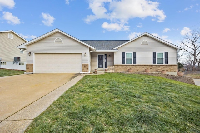 ranch-style home featuring a garage and a front lawn