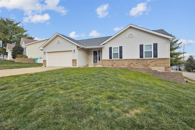 single story home with a front yard and a garage