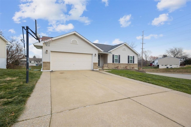 ranch-style home with a front lawn and a garage