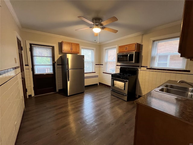 kitchen with sink, dark hardwood / wood-style floors, appliances with stainless steel finishes, tile walls, and ornamental molding